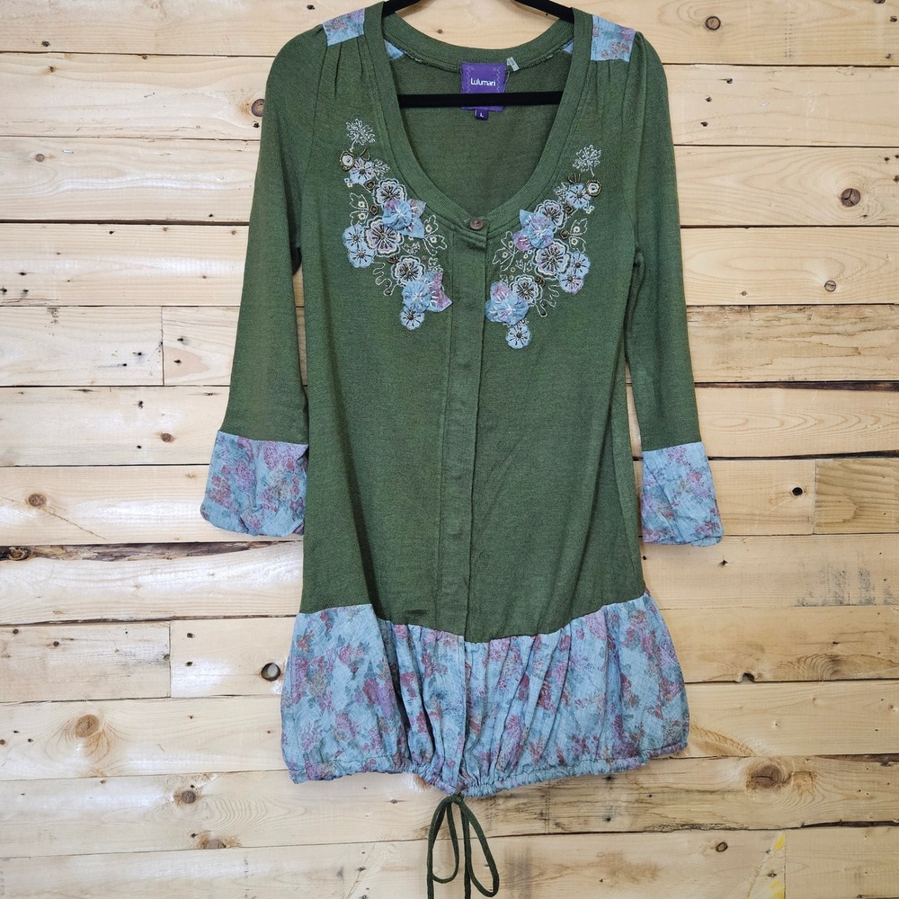 Lulumari Olive Green Floral Embroidered Cardigan Dress Bubble Hem Womens Large